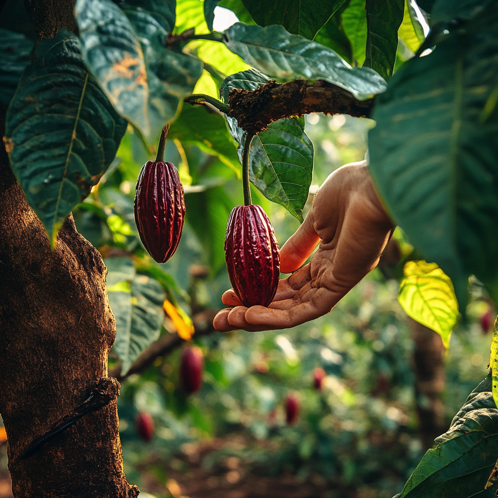 Red cacao bean tree on an organic farm – the source of Earthshake’s premium ceremonial cacao, sustainably grown for use in functional wellness drinks and adaptogenic blends.